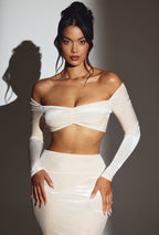 Chic Velvet Off-Shoulder Ruched Crop Top in Ivory