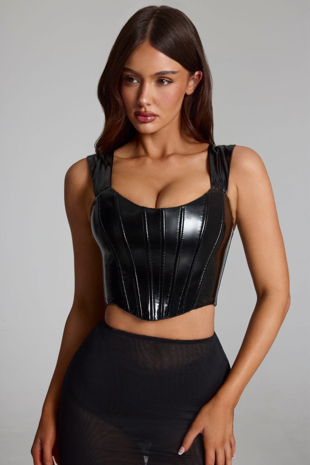 Chic Vinyl Lace-Up Corset Top in Black