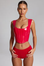 Chic Vinyl Lace-Up Corset Top in Fire Red