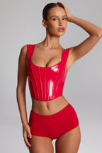 Chic Vinyl Lace-Up Corset Top in Fire Red