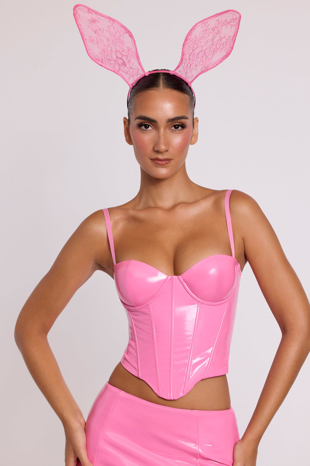 Chic Vinyl Underwired Corset Crop Top in Pink