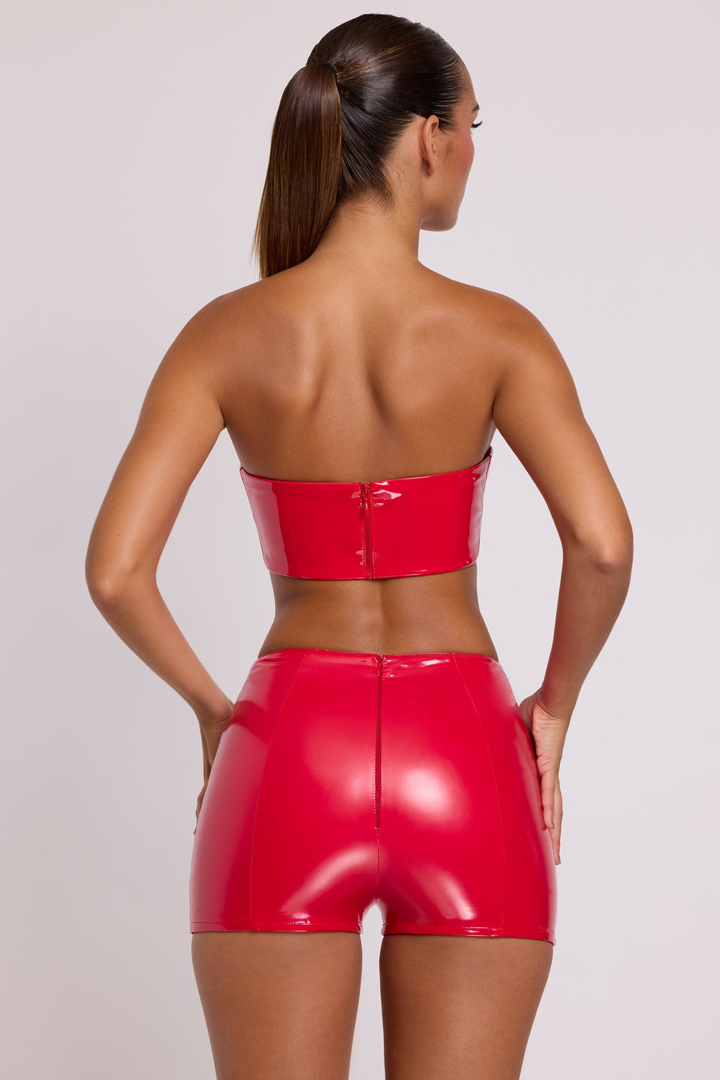 Chic Vinyl Angled Waist Mini Shorts in Fire Red