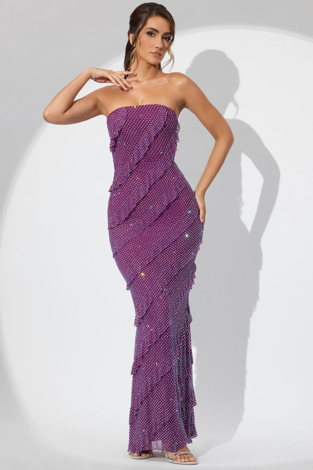 Chic Embellished Bandeau Ruffle Maxi Dress in Plum