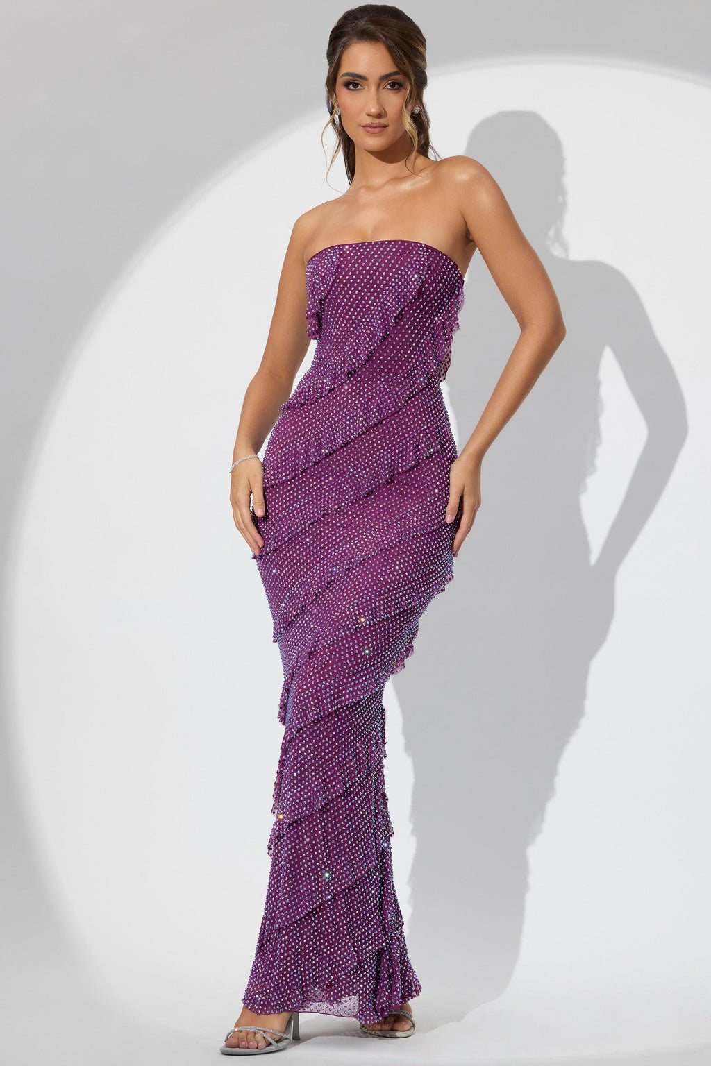 Chic Embellished Bandeau Ruffle Maxi Dress in Plum
