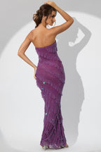 Chic Embellished Bandeau Ruffle Maxi Dress in Plum