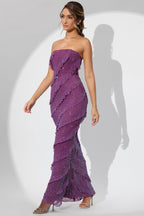 Chic Embellished Bandeau Ruffle Maxi Dress in Plum