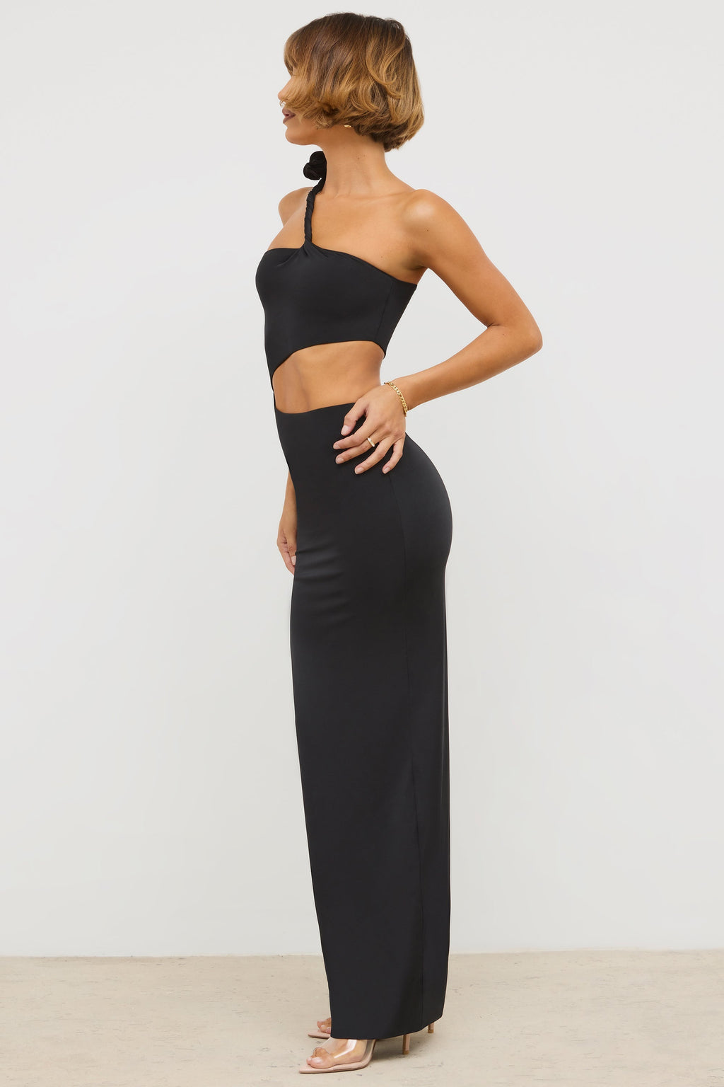 Chic Jersey Asymmetric Cut Out Maxi Dress in Black