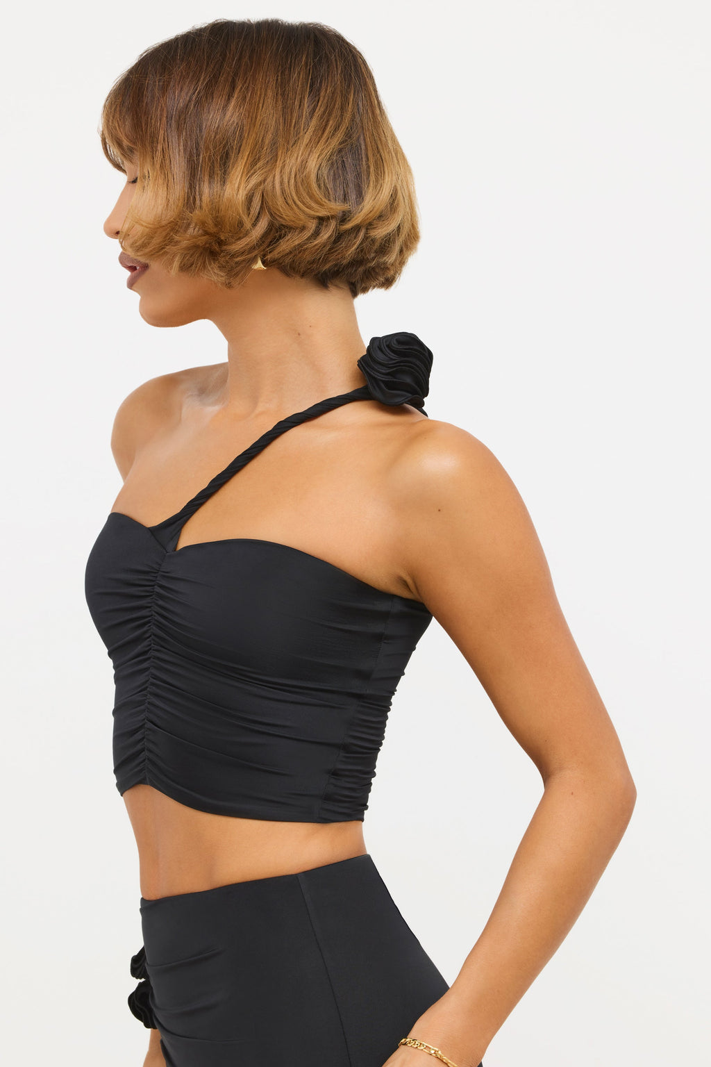 Chic Slinky Jersey Rose Detail Asymmetric Top in Black