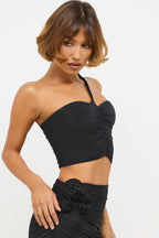 Chic Slinky Jersey Rose Detail Asymmetric Top in Black