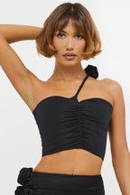 Chic Slinky Jersey Rose Detail Asymmetric Top in Black