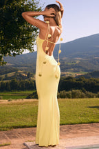 Chic Slinky Jersey Floral-Appliqué Gown in Pastel Yellow