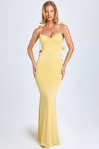 Chic Slinky Jersey Floral-Appliqué Gown in Pastel Yellow
