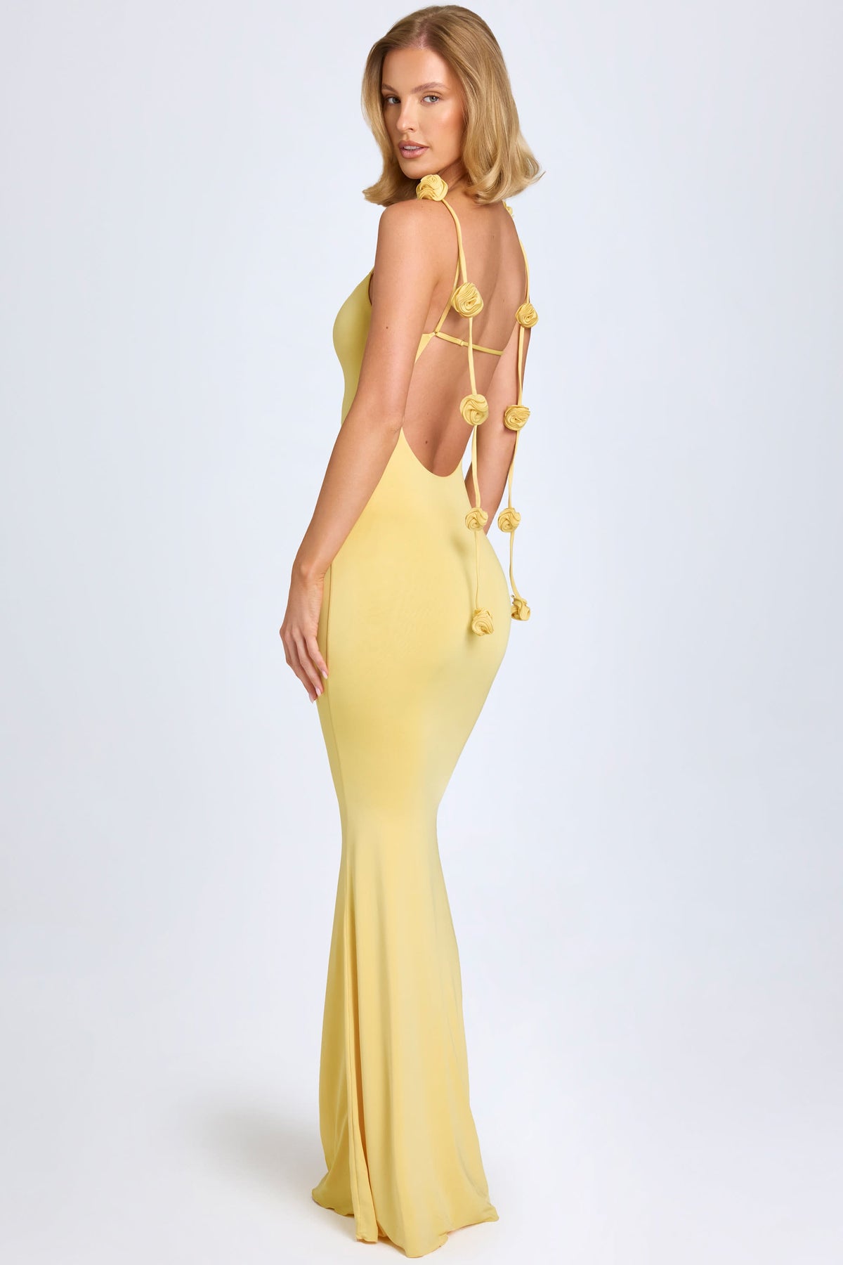 Chic Slinky Jersey Floral-Appliqué Gown in Pastel Yellow