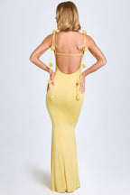 Chic Slinky Jersey Floral-Appliqué Gown in Pastel Yellow