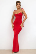 Chic Slinky Jersey Rose Detail Evening Gown in Scarlet Red
