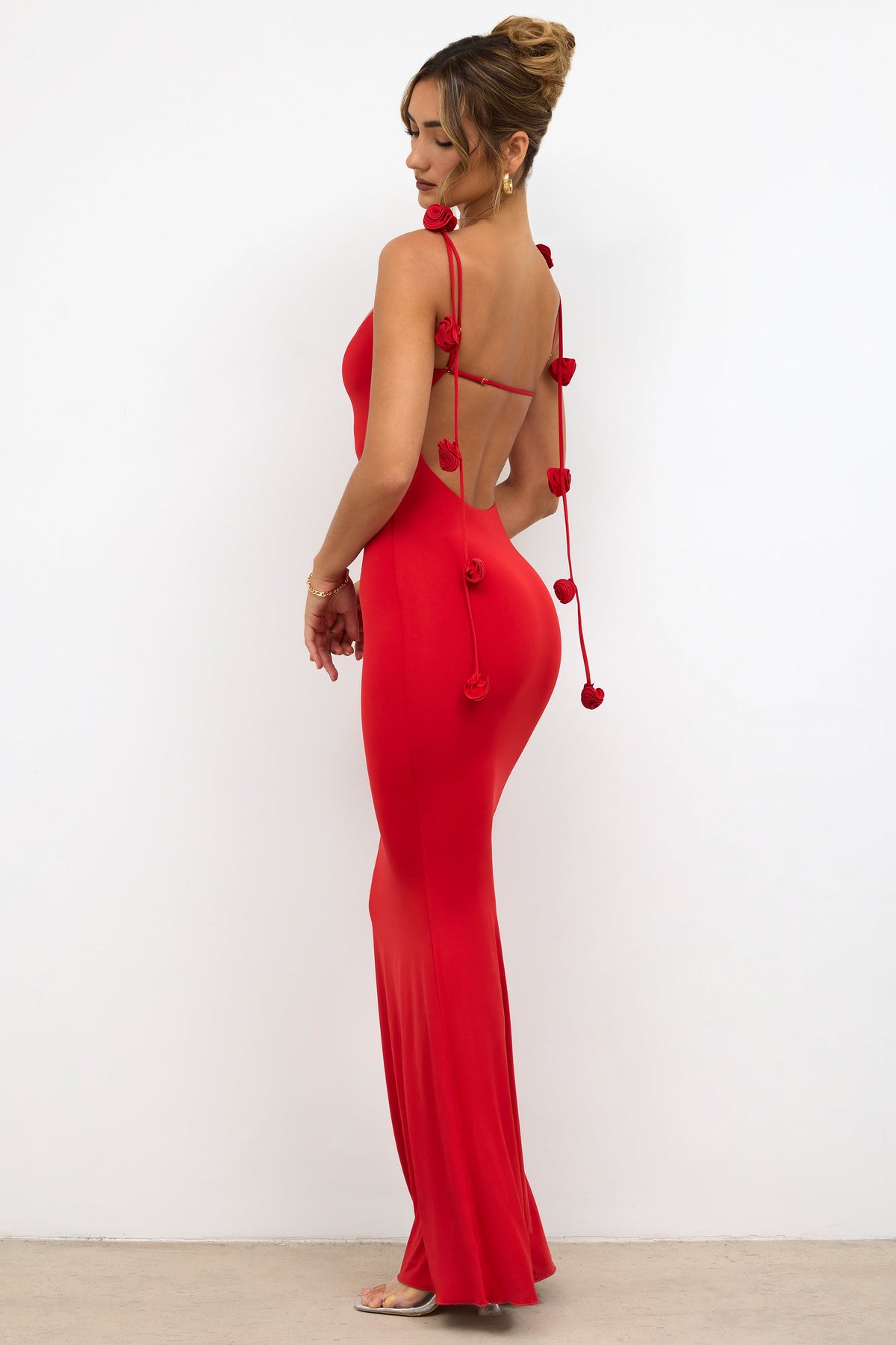 Chic Slinky Jersey Rose Detail Evening Gown in Scarlet Red