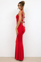 Chic Slinky Jersey Rose Detail Evening Gown in Scarlet Red