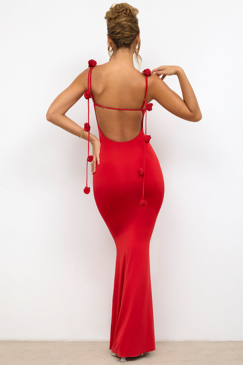 Chic Slinky Jersey Rose Detail Evening Gown in Scarlet Red