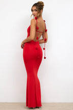 Chic Slinky Jersey Rose Detail Evening Gown in Scarlet Red