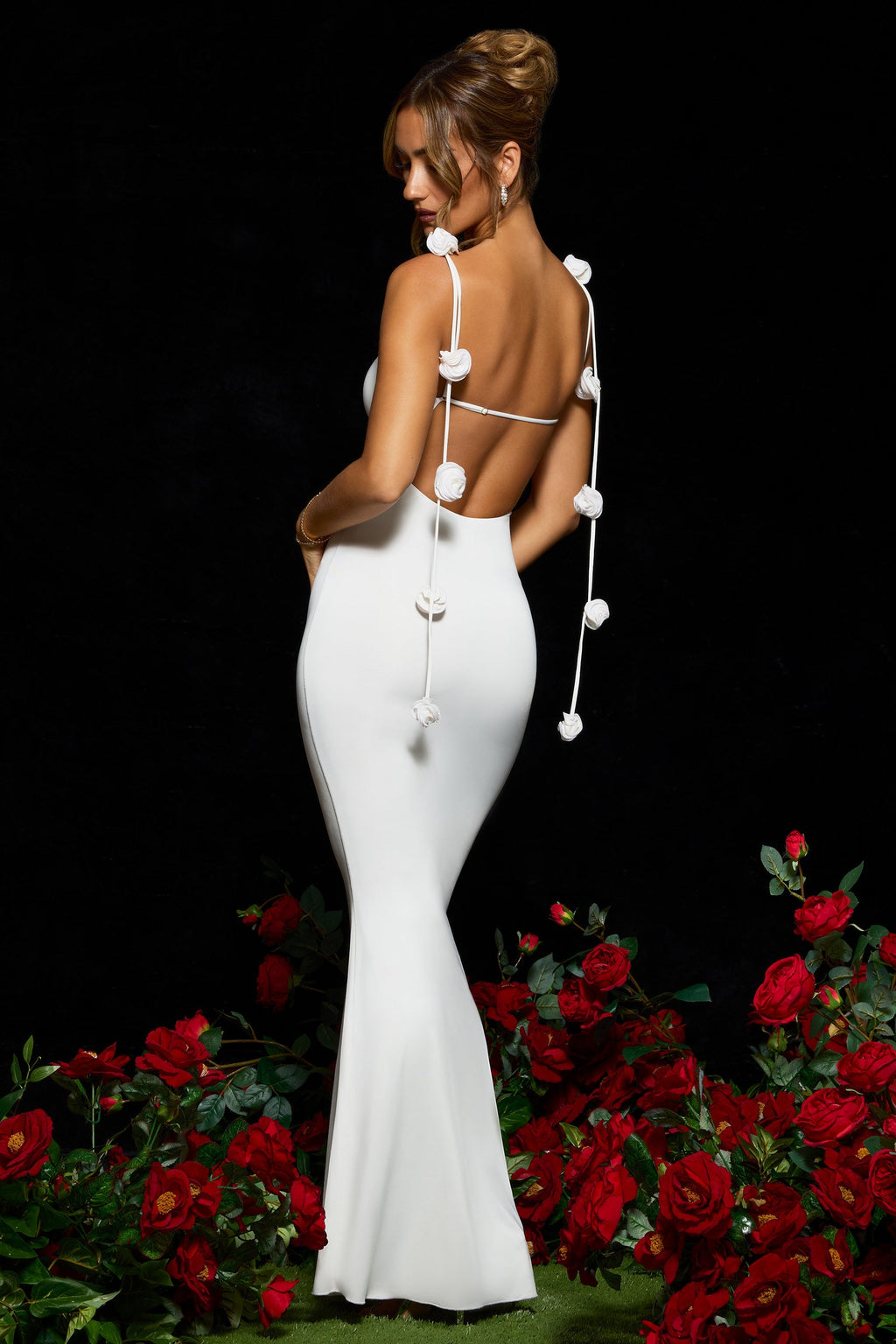 Chic Slinky Jersey Rose Detail Evening Gown in White