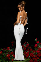 Chic Slinky Jersey Rose Detail Evening Gown in White