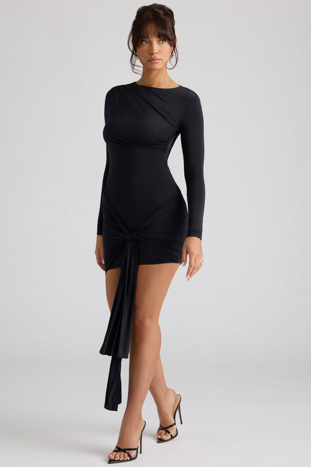 Chic Long Sleeve Draped Mini Dress in Black
