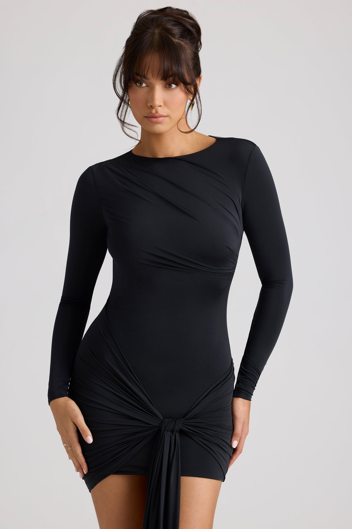 Chic Long Sleeve Draped Mini Dress in Black
