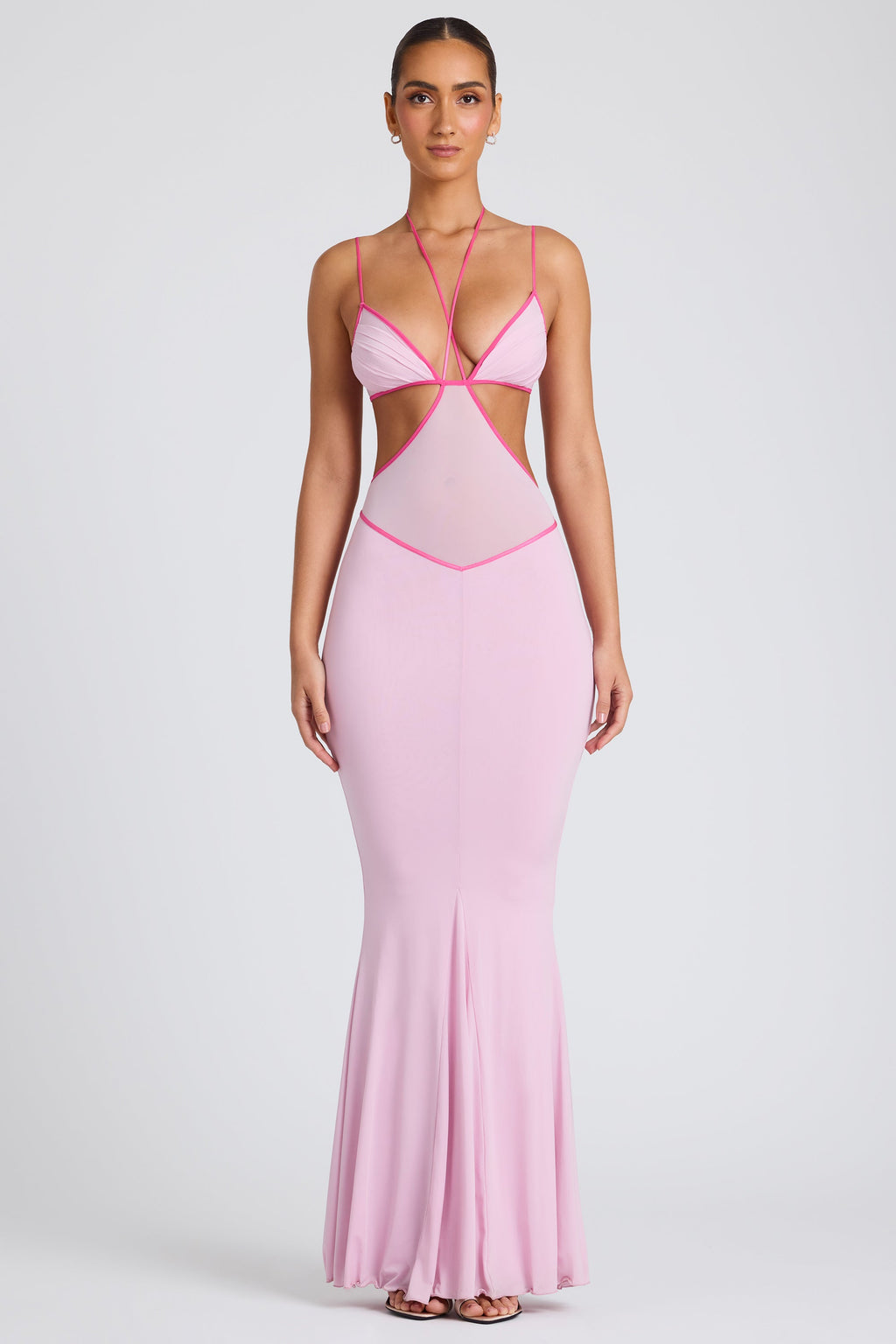 Chic Contrast Binding Cut Out Evening Gown in Soft Pink