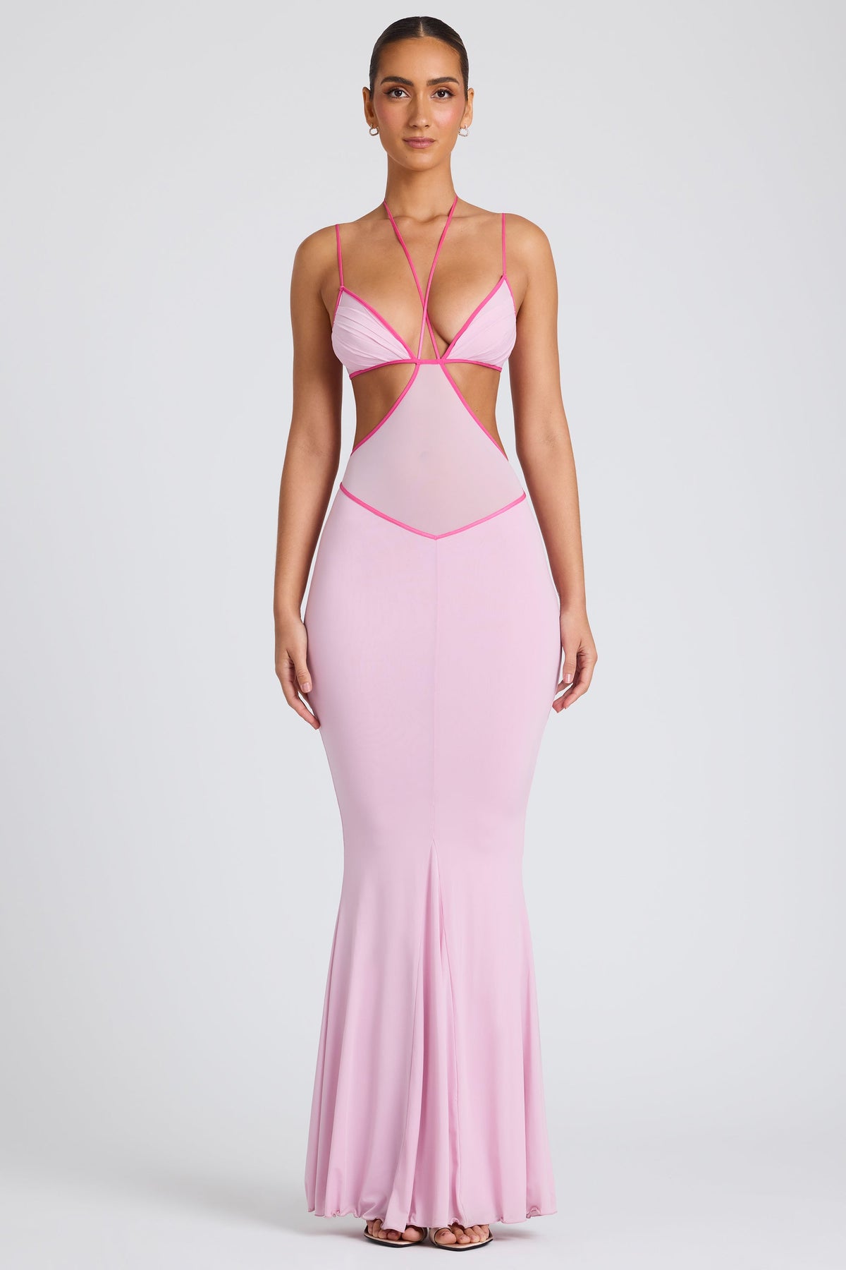 Chic Contrast Binding Cut Out Evening Gown in Soft Pink