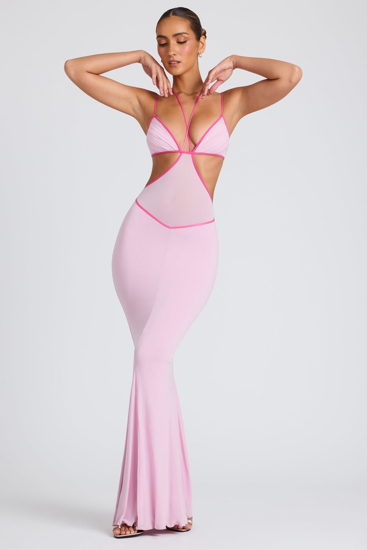 Chic Contrast Binding Cut Out Evening Gown in Soft Pink