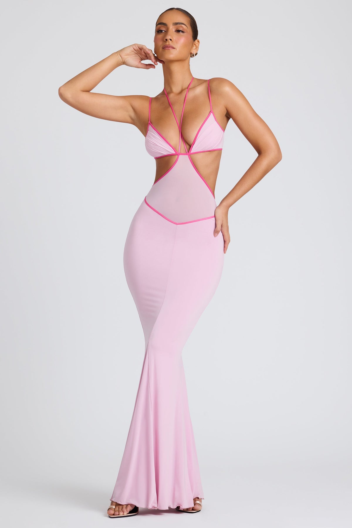 Chic Contrast Binding Cut Out Evening Gown in Soft Pink