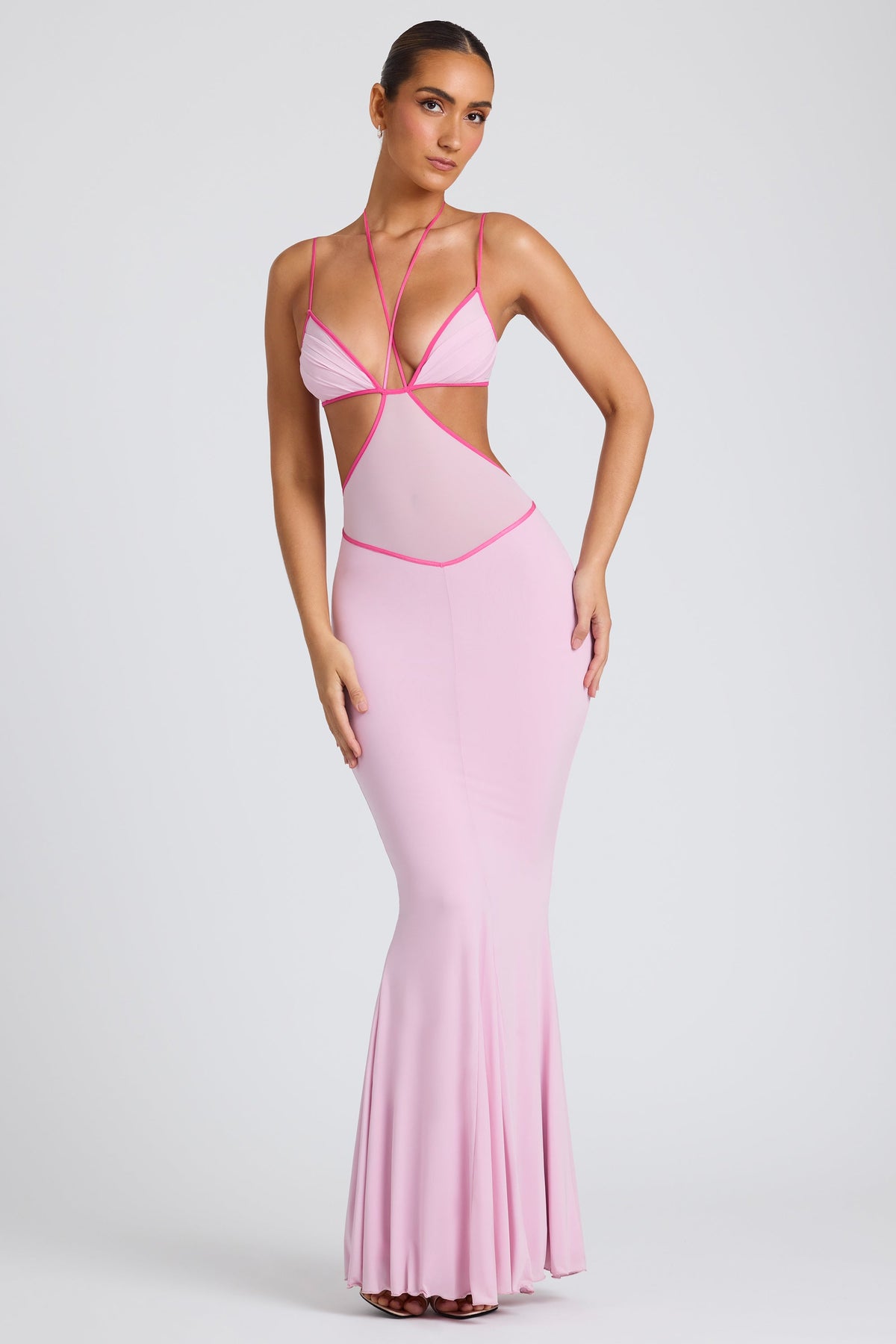 Chic Contrast Binding Cut Out Evening Gown in Soft Pink