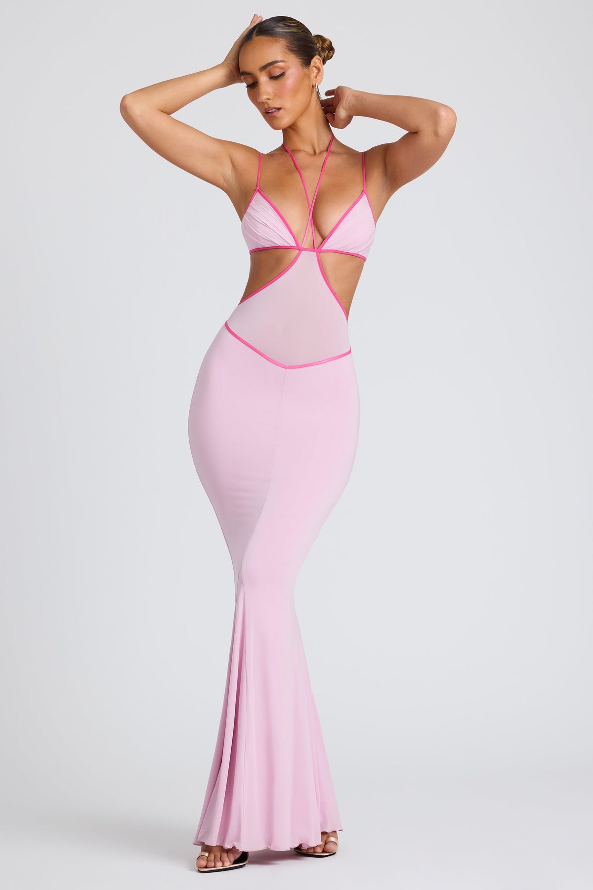 Chic Contrast Binding Cut Out Evening Gown in Soft Pink