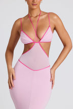 Chic Contrast Binding Cut Out Evening Gown in Soft Pink