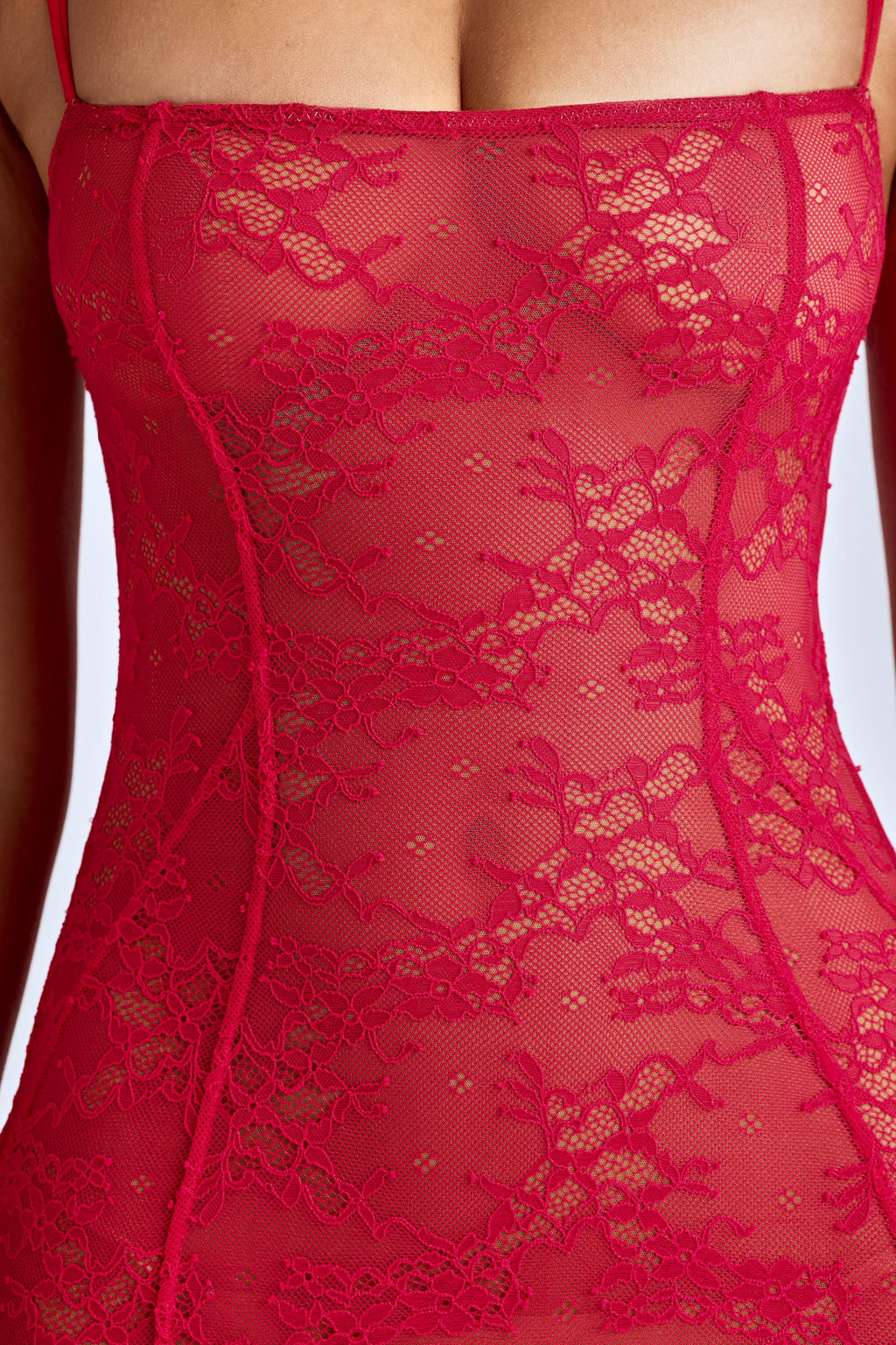 Chic Sheer Lace Fishtail Gown in Cherry Red