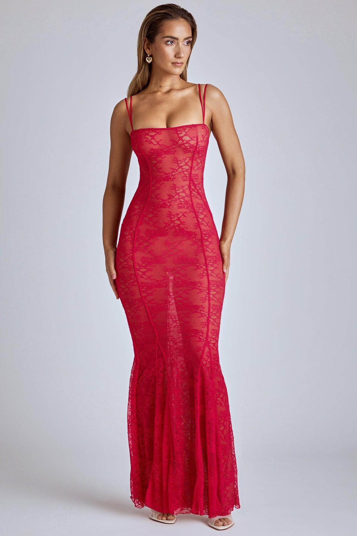 Chic Sheer Lace Fishtail Gown in Cherry Red
