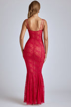 Chic Sheer Lace Fishtail Gown in Cherry Red