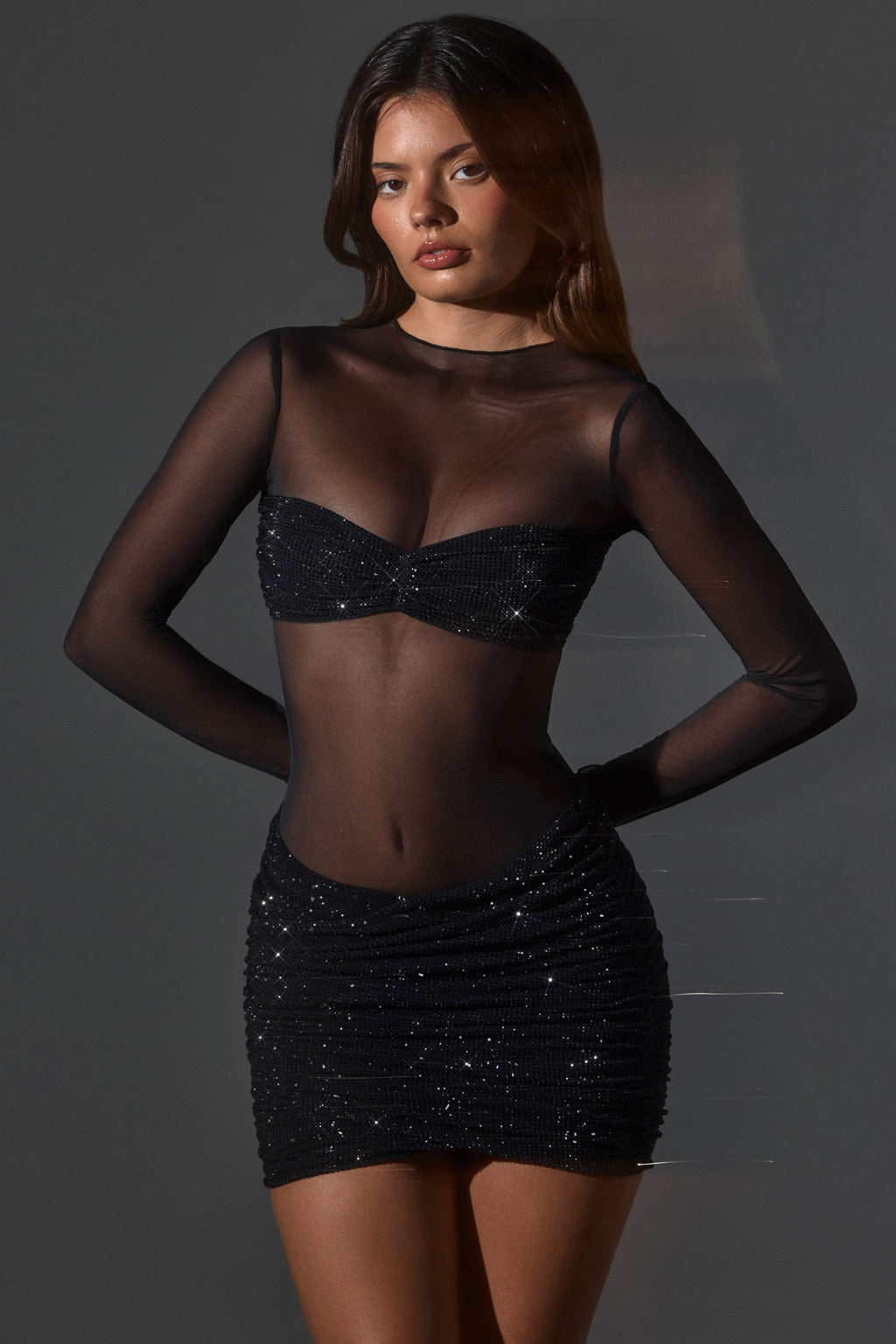 Chic Sheer Embellished High-Neck Long Sleeve Mini Dress in Black