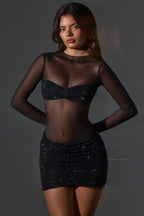 Chic Sheer Embellished High-Neck Long Sleeve Mini Dress in Black