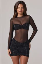 Chic Sheer Embellished High-Neck Long Sleeve Mini Dress in Black