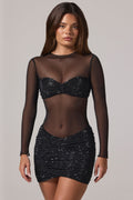 Chic Sheer Embellished High-Neck Long Sleeve Mini Dress in Black