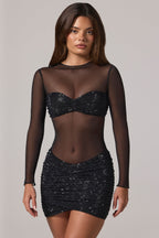 Chic Sheer Embellished High-Neck Long Sleeve Mini Dress in Black