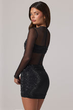 Chic Sheer Embellished High-Neck Long Sleeve Mini Dress in Black