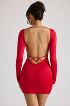 Chic Long Sleeve Sweetheart Neckline Mini Dress in Fire Red