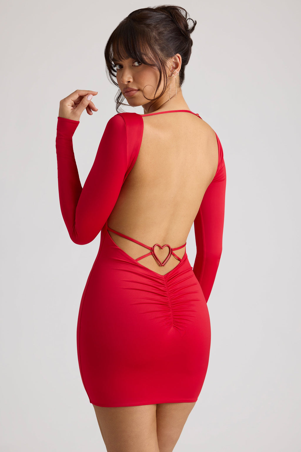 Chic Long Sleeve Sweetheart Neckline Mini Dress in Fire Red