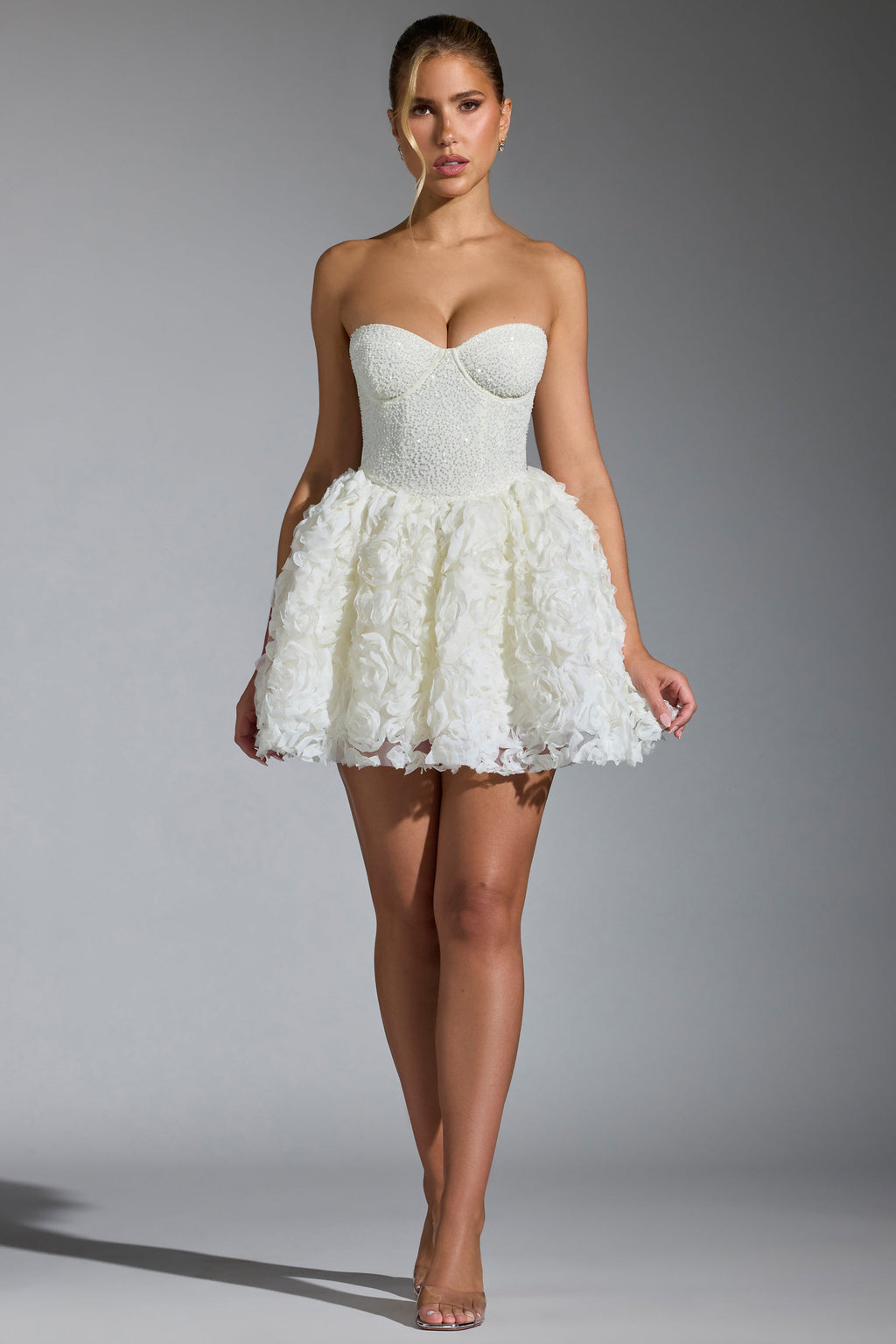 Chic Embellished Floral-Appliqué Lace-Up Mini Dress in White