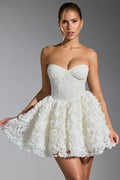 Chic Embellished Floral-Appliqué Lace-Up Mini Dress in White