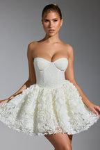 Chic Embellished Floral-Appliqué Lace-Up Mini Dress in White