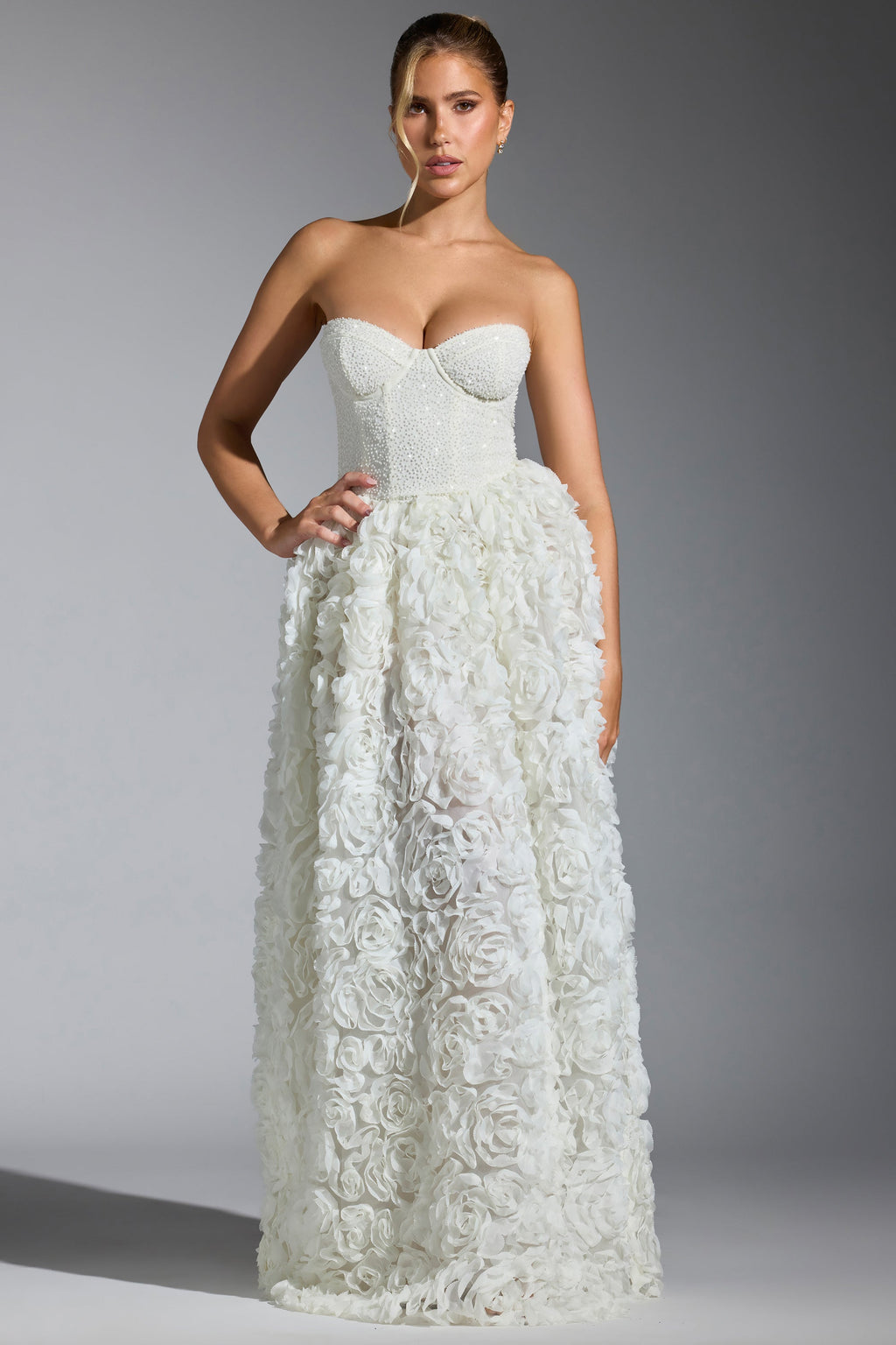 Chic Embellished Floral-Appliqué Corset Gown in White