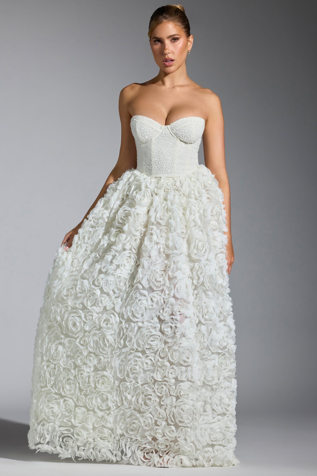 Chic Embellished Floral-Appliqué Corset Gown in White